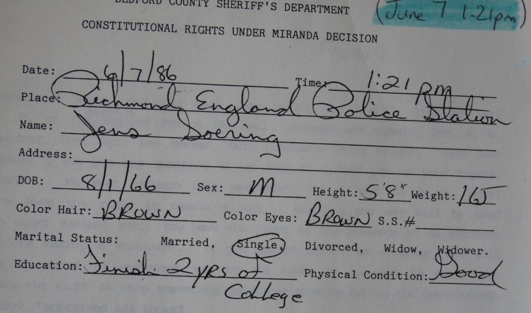 Jens Soering - Miranda form